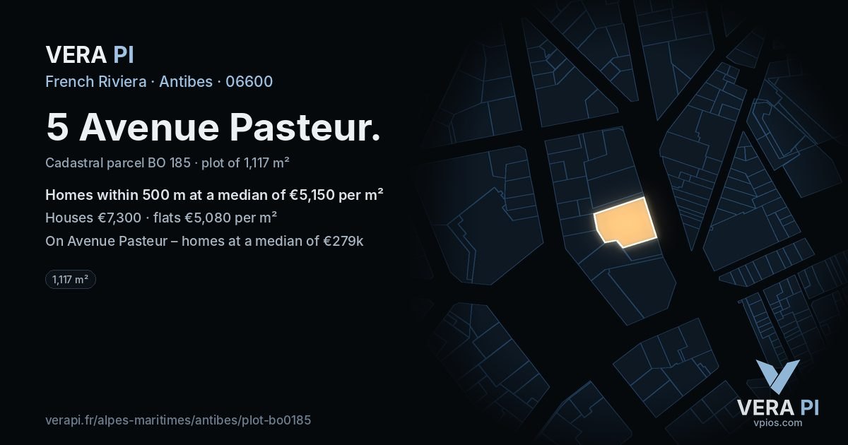 5 Avenue Pasteur, Antibes at night – the plot lit, the parcels around coloured by the prices near them