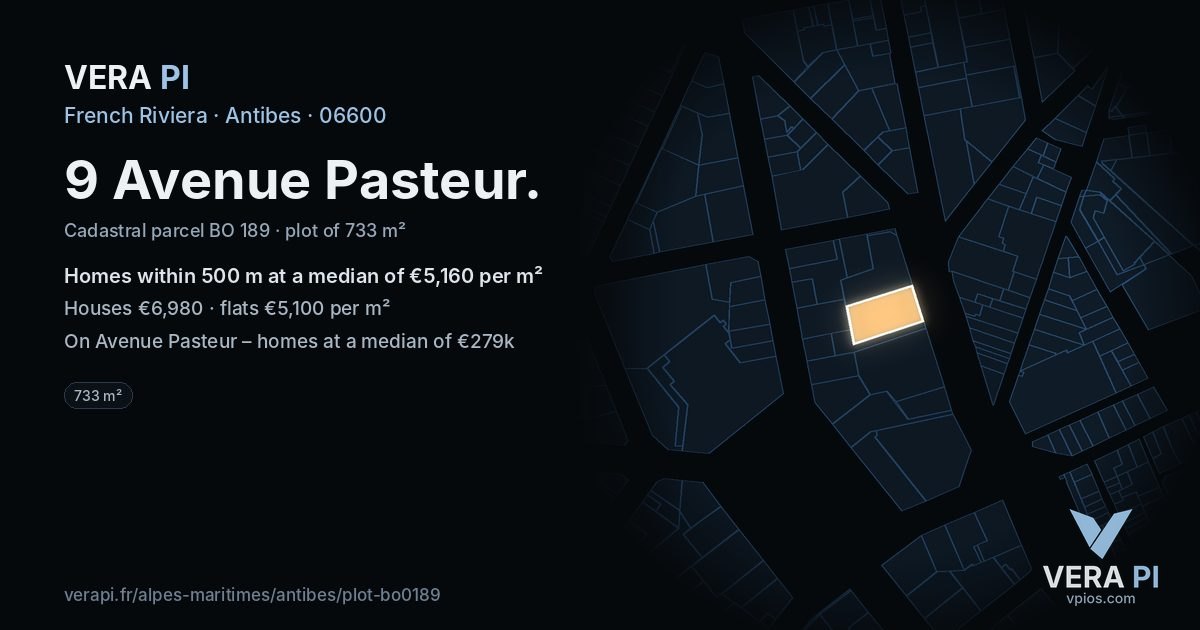 9 Avenue Pasteur, Antibes at night – the plot lit, the parcels around coloured by the prices near them