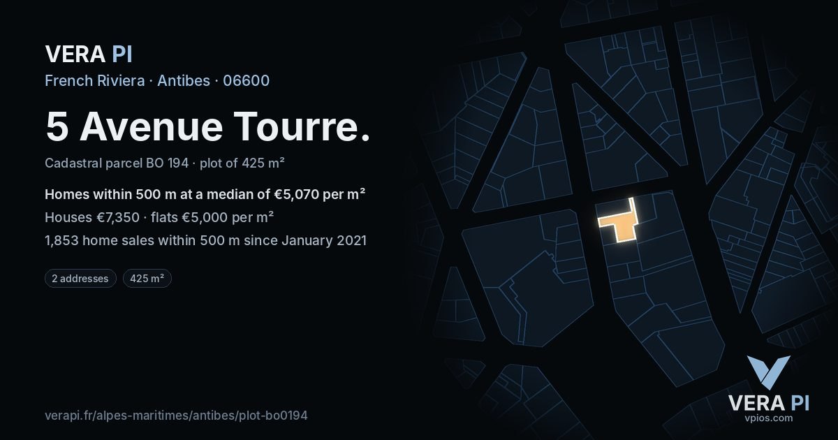 5 Avenue Tourre, Antibes at night – the plot lit, the parcels around coloured by the prices near them