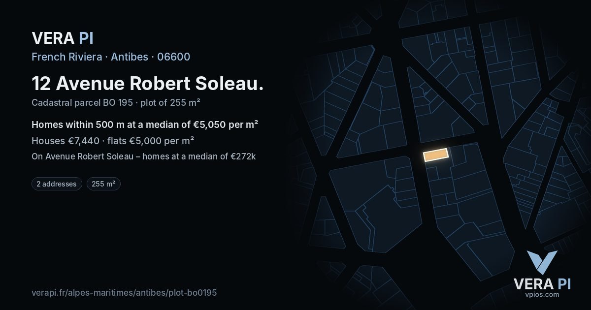 12 Avenue Robert Soleau, Antibes at night – the plot lit, the parcels around coloured by the prices near them