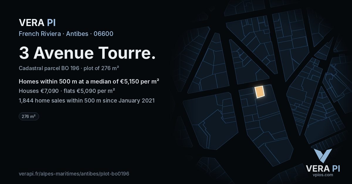 3 Avenue Tourre, Antibes at night – the plot lit, the parcels around coloured by the prices near them
