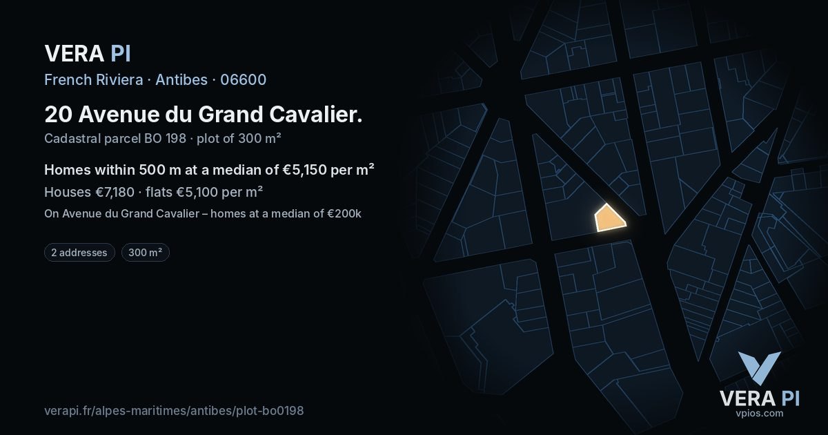 20 Avenue du Grand Cavalier, Antibes at night – the plot lit, the parcels around coloured by the prices near them