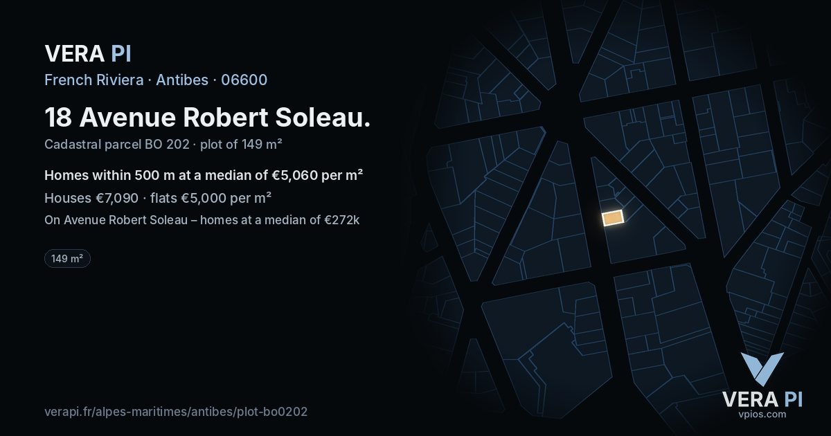 18 Avenue Robert Soleau, Antibes at night – the plot lit, the parcels around coloured by the prices near them
