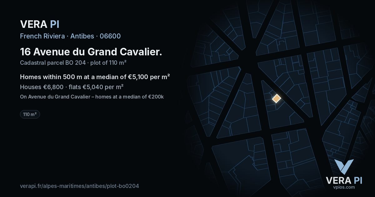 16 Avenue du Grand Cavalier, Antibes at night – the plot lit, the parcels around coloured by the prices near them