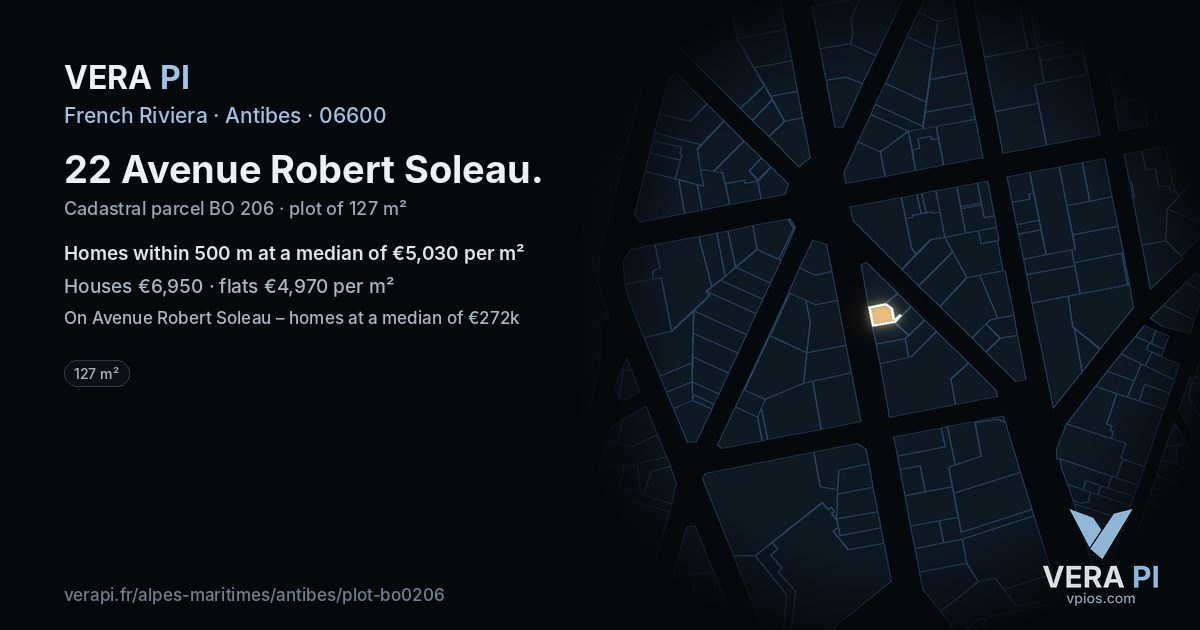 22 Avenue Robert Soleau, Antibes at night – the plot lit, the parcels around coloured by the prices near them