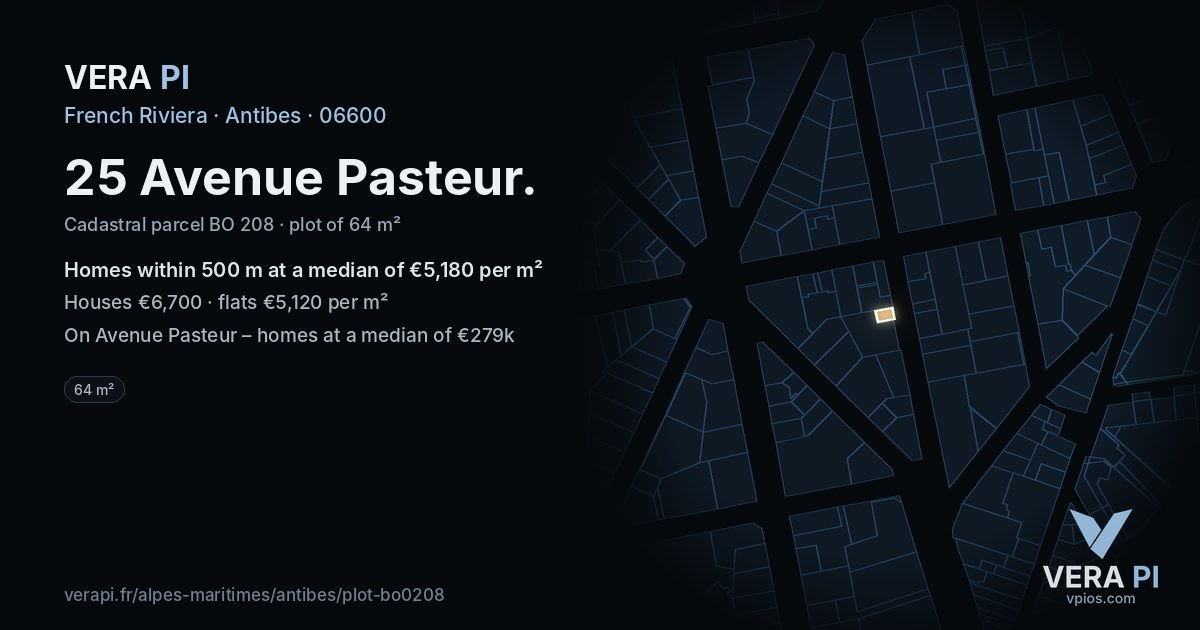 25 Avenue Pasteur, Antibes at night – the plot lit, the parcels around coloured by the prices near them