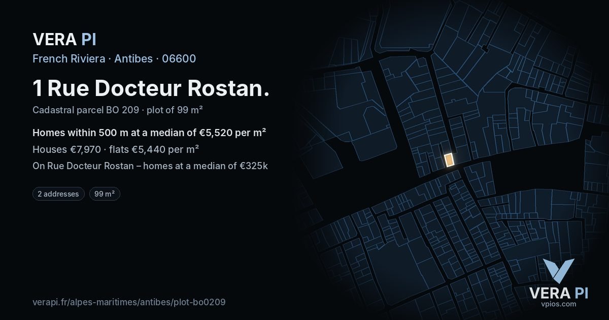 1 Rue Docteur Rostan, Antibes at night – the plot lit, the parcels around coloured by the prices near them