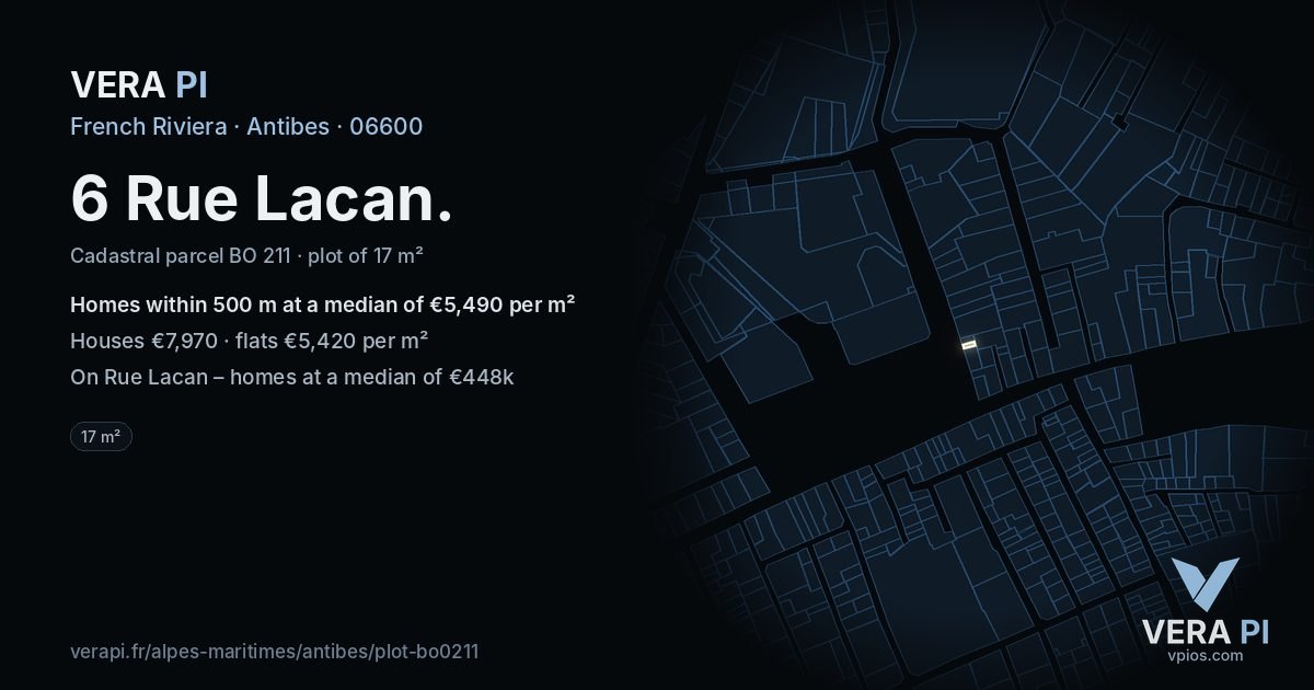 6 Rue Lacan, Antibes at night – the plot lit, the parcels around coloured by the prices near them