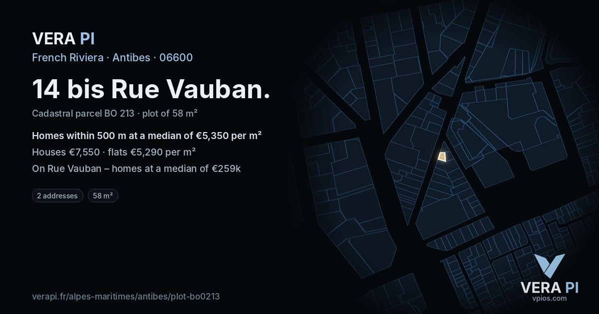 14 bis Rue Vauban, Antibes at night – the plot lit, the parcels around coloured by the prices near them