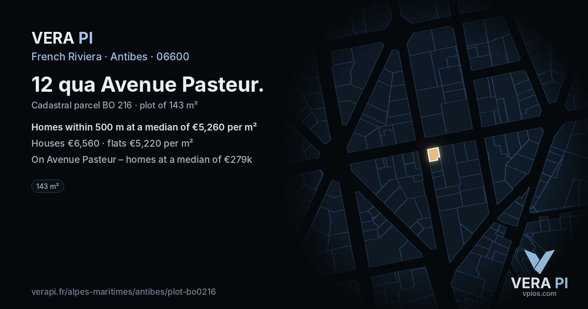 12 qua Avenue Pasteur, Antibes at night – the plot lit, the parcels around coloured by the prices near them