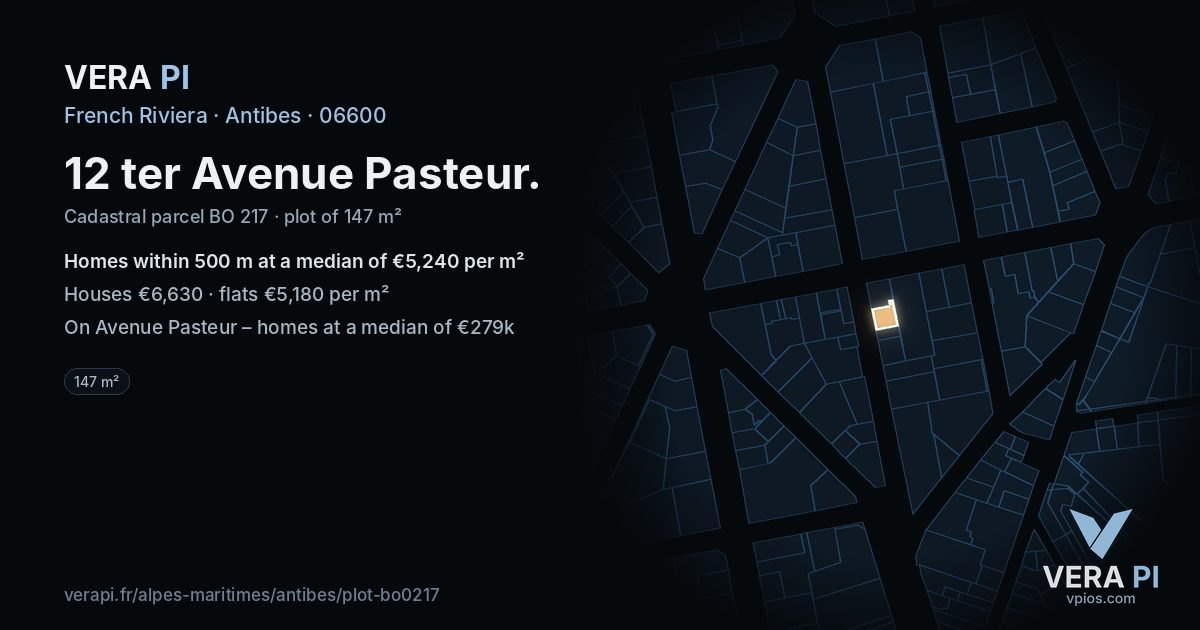 12 ter Avenue Pasteur, Antibes at night – the plot lit, the parcels around coloured by the prices near them