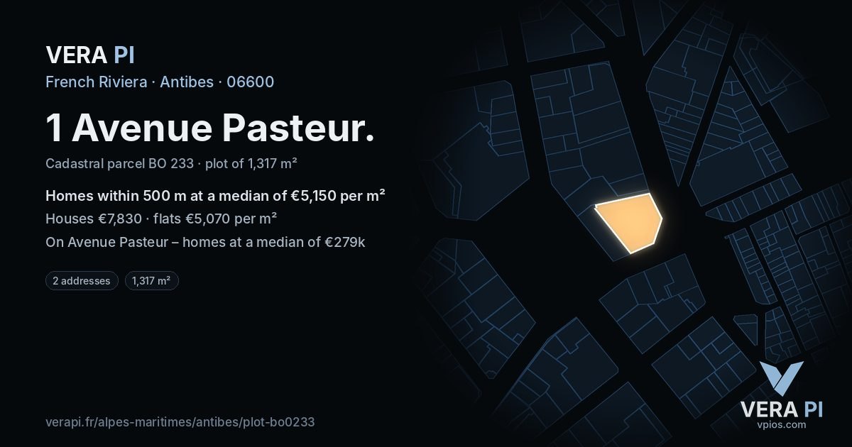 1 Avenue Pasteur, Antibes at night – the plot lit, the parcels around coloured by the prices near them