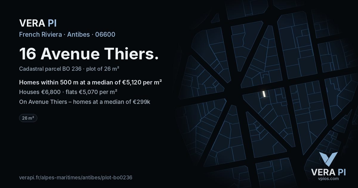 16 Avenue Thiers, Antibes at night – the plot lit, the parcels around coloured by the prices near them