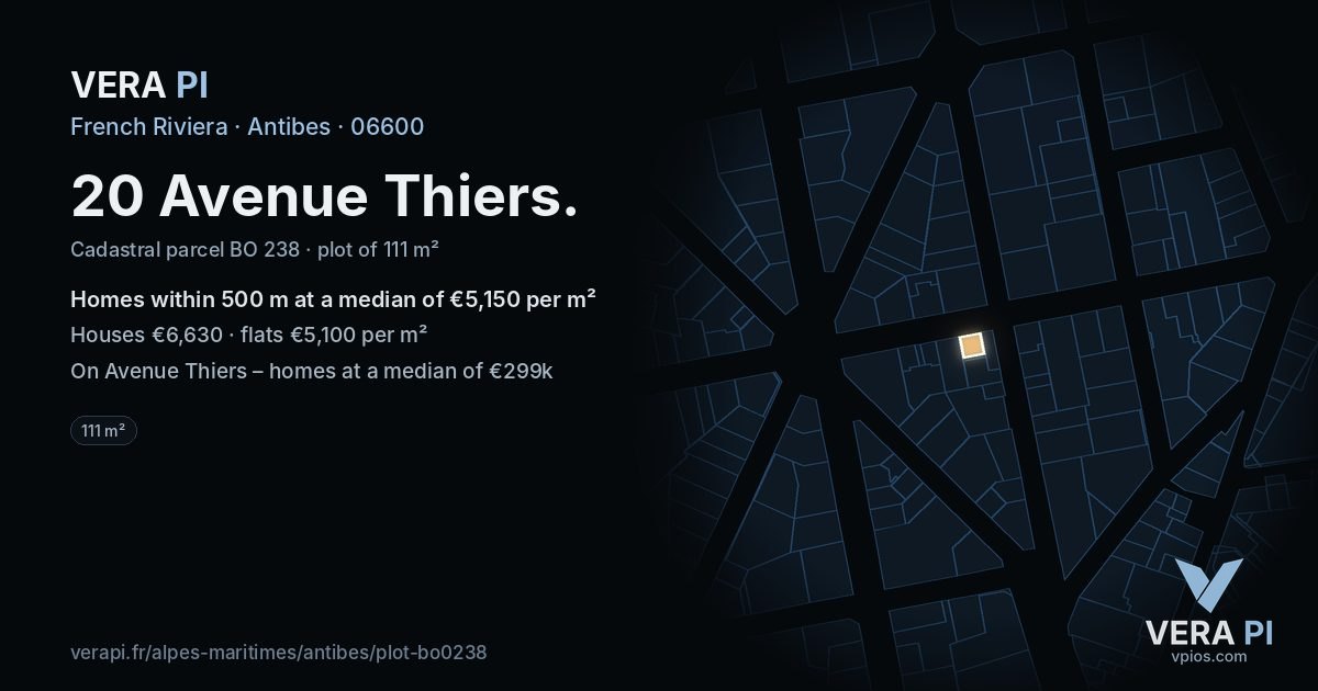 20 Avenue Thiers, Antibes at night – the plot lit, the parcels around coloured by the prices near them
