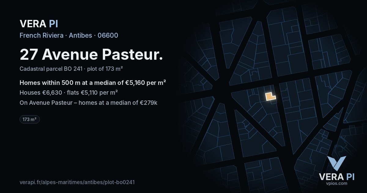 27 Avenue Pasteur, Antibes at night – the plot lit, the parcels around coloured by the prices near them