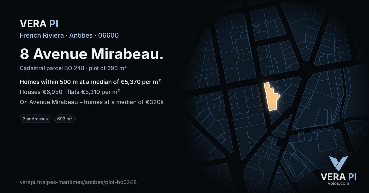 8 Avenue Mirabeau, Antibes at night – the plot lit, the parcels around coloured by the prices near them