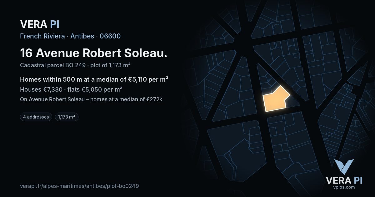 16 Avenue Robert Soleau, Antibes at night – the plot lit, the parcels around coloured by the prices near them