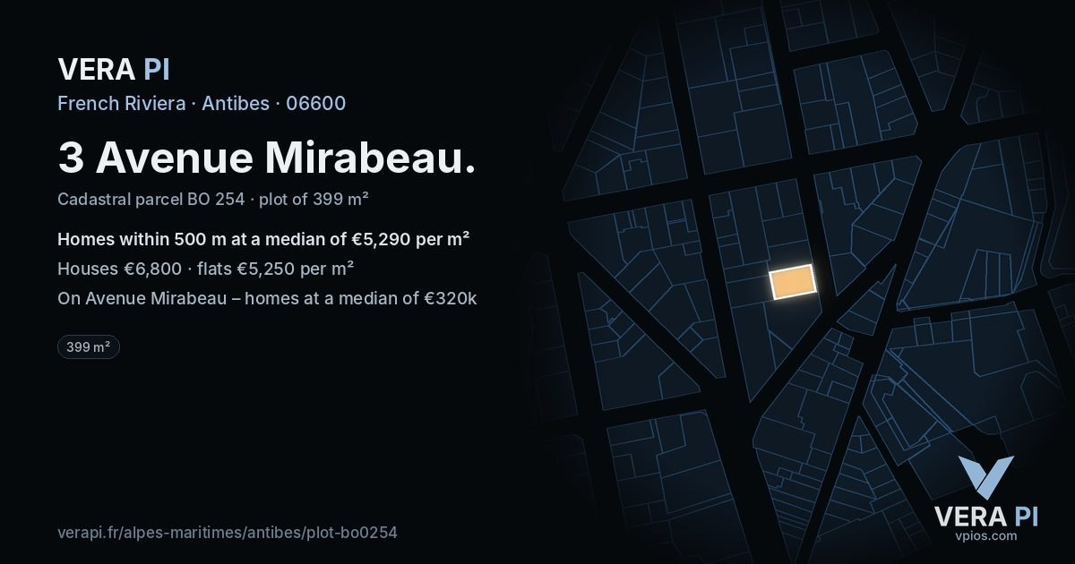 3 Avenue Mirabeau, Antibes at night – the plot lit, the parcels around coloured by the prices near them
