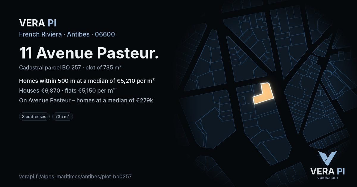 11 Avenue Pasteur, Antibes at night – the plot lit, the parcels around coloured by the prices near them