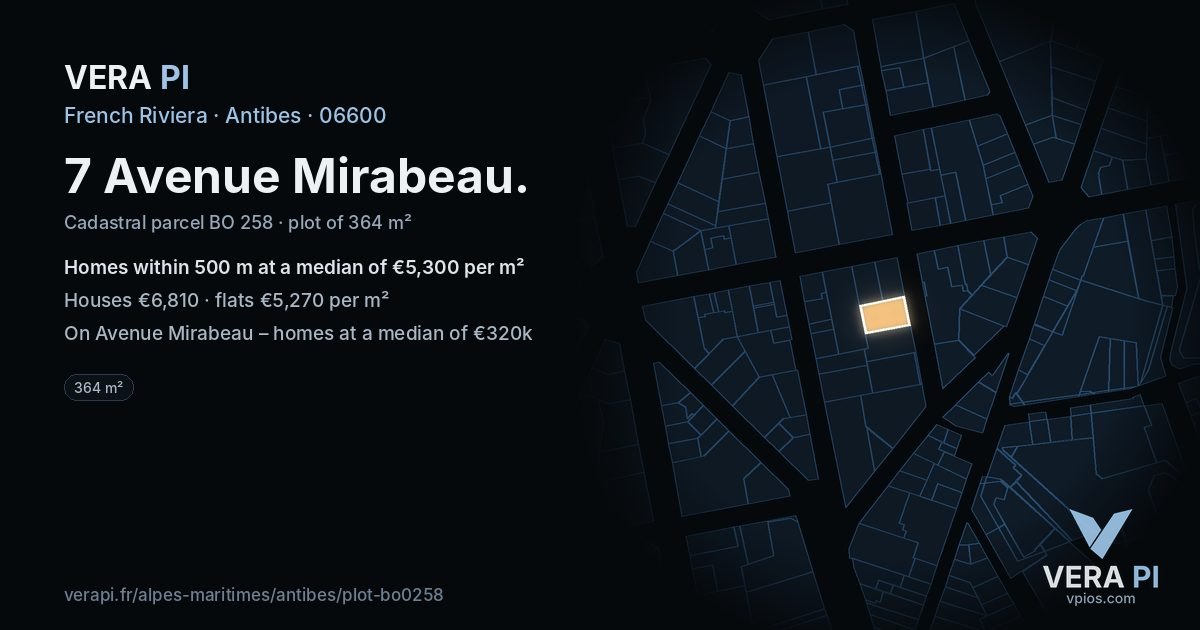 7 Avenue Mirabeau, Antibes at night – the plot lit, the parcels around coloured by the prices near them