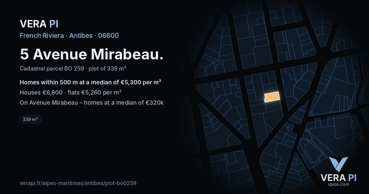 5 Avenue Mirabeau, Antibes at night – the plot lit, the parcels around coloured by the prices near them