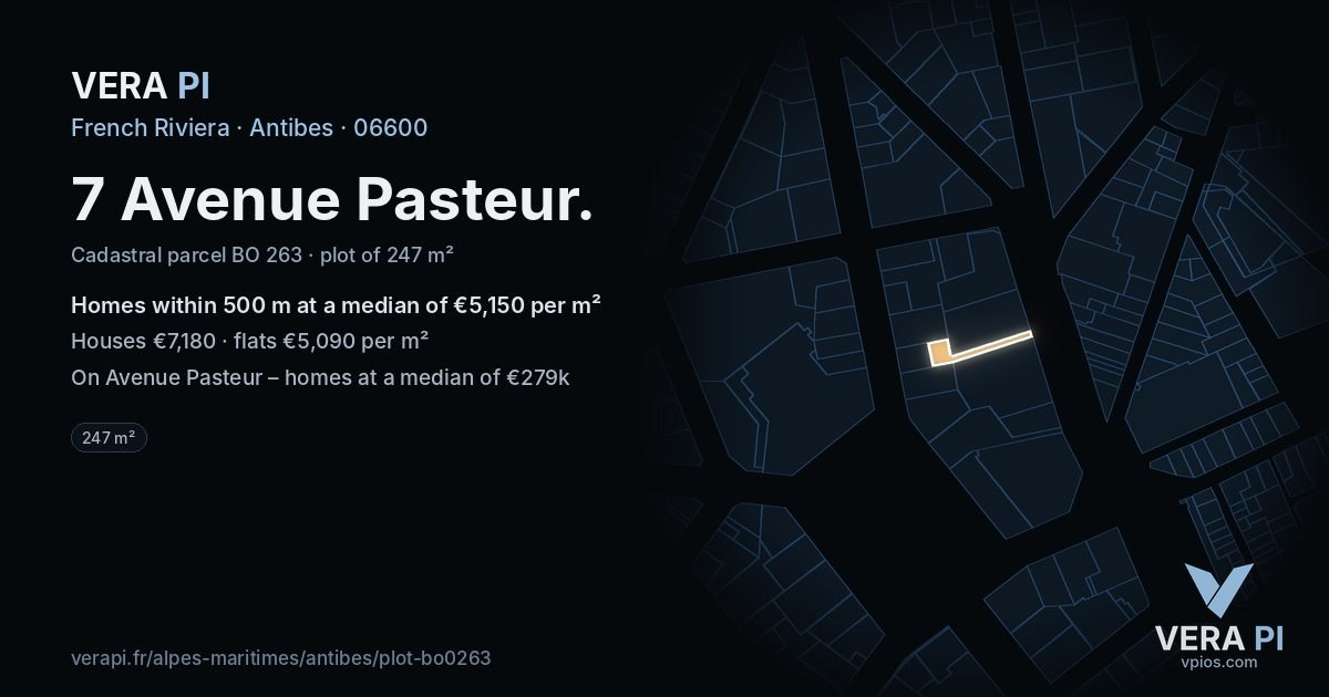 7 Avenue Pasteur, Antibes at night – the plot lit, the parcels around coloured by the prices near them
