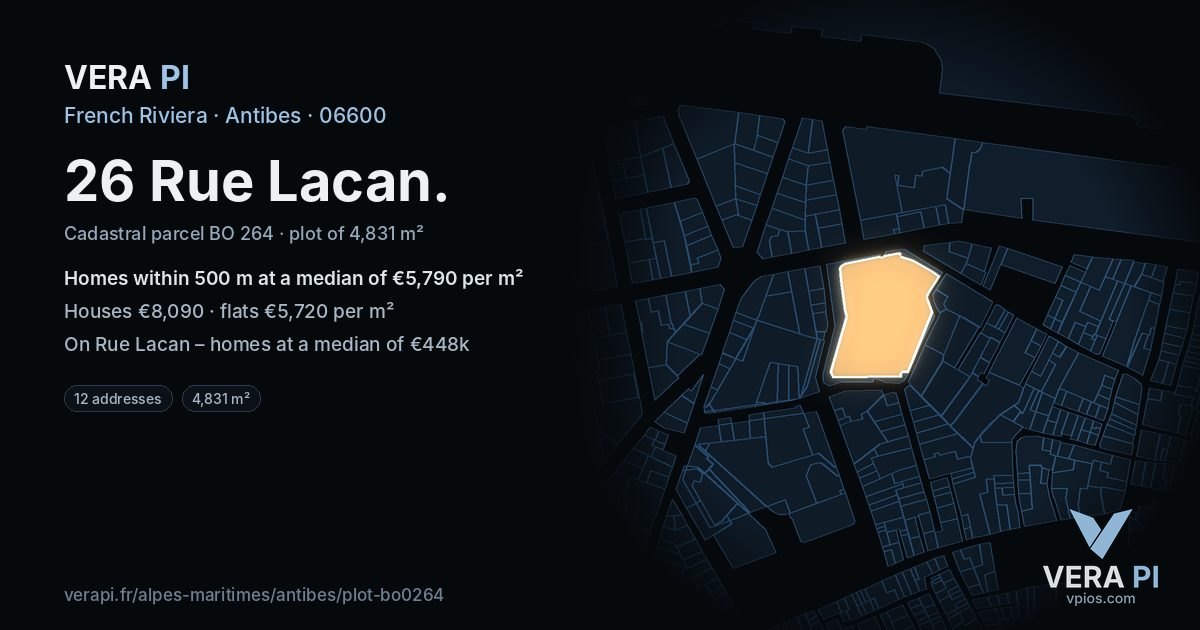 26 Rue Lacan, Antibes at night – the plot lit, the parcels around coloured by the prices near them