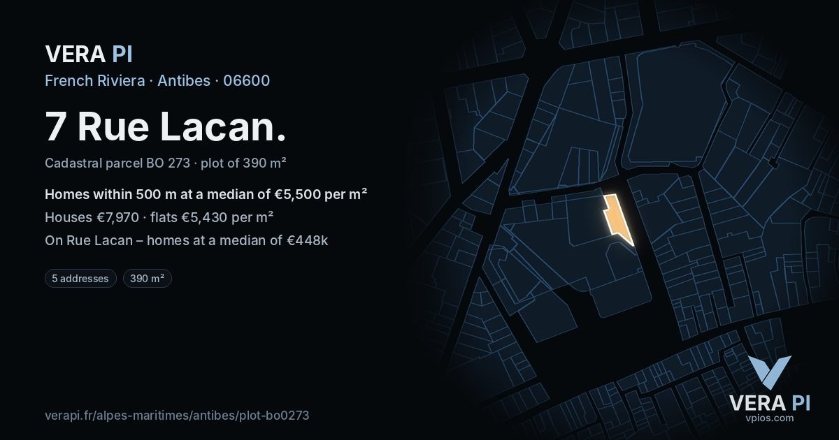 7 Rue Lacan, Antibes at night – the plot lit, the parcels around coloured by the prices near them