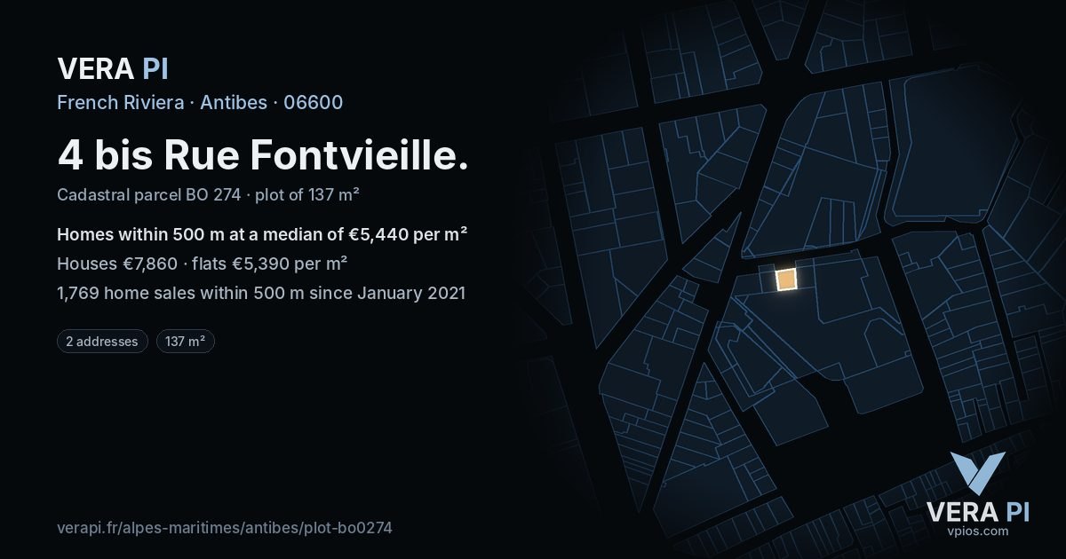 4 bis Rue Fontvieille, Antibes at night – the plot lit, the parcels around coloured by the prices near them