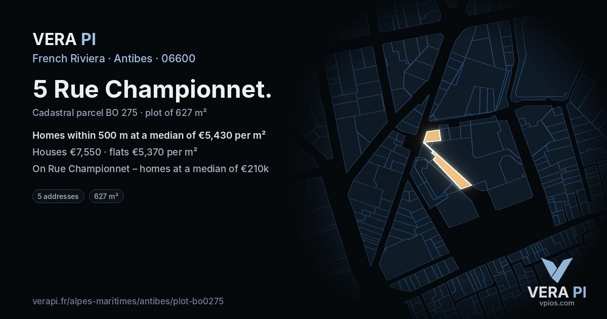 5 Rue Championnet, Antibes at night – the plot lit, the parcels around coloured by the prices near them