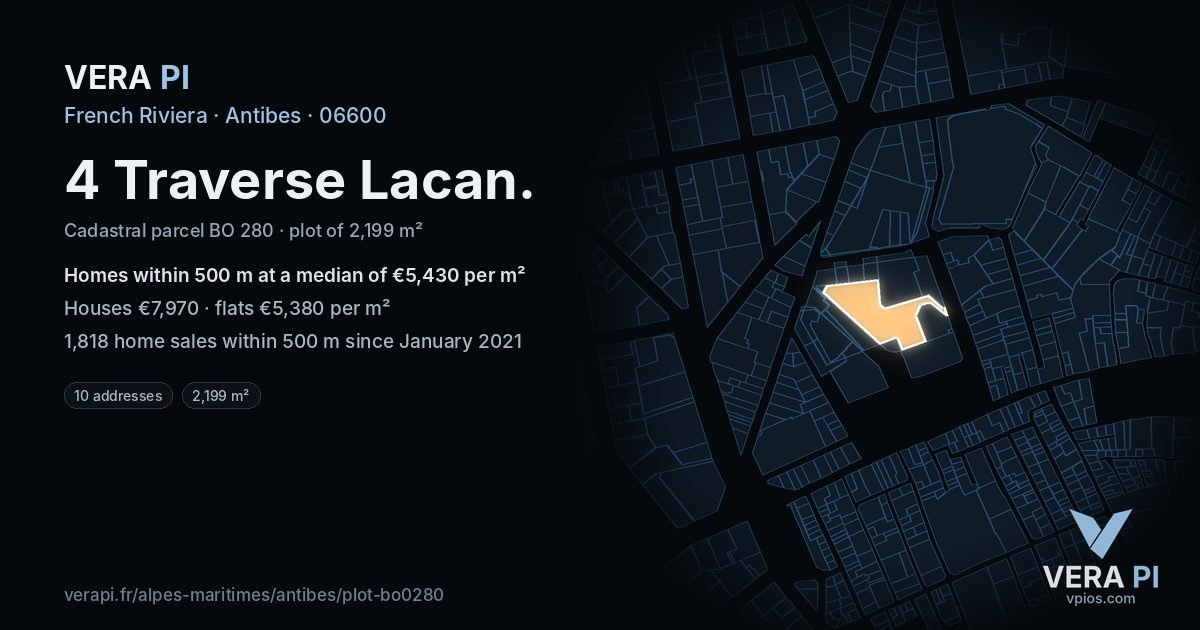 4 Traverse Lacan, Antibes at night – the plot lit, the parcels around coloured by the prices near them