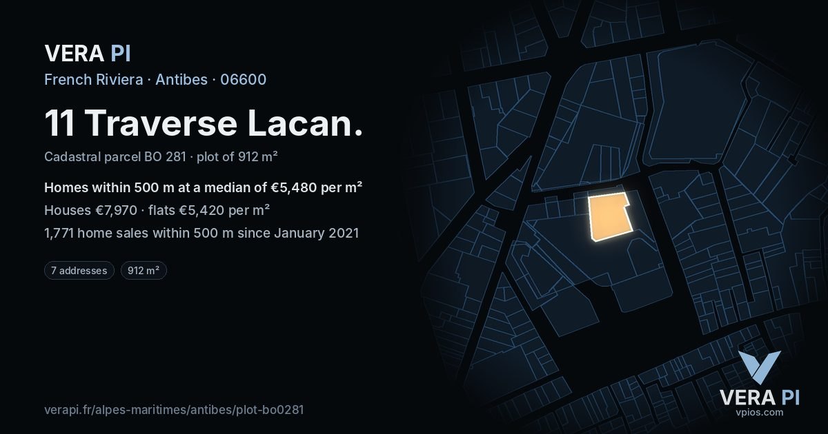 11 Traverse Lacan, Antibes at night – the plot lit, the parcels around coloured by the prices near them