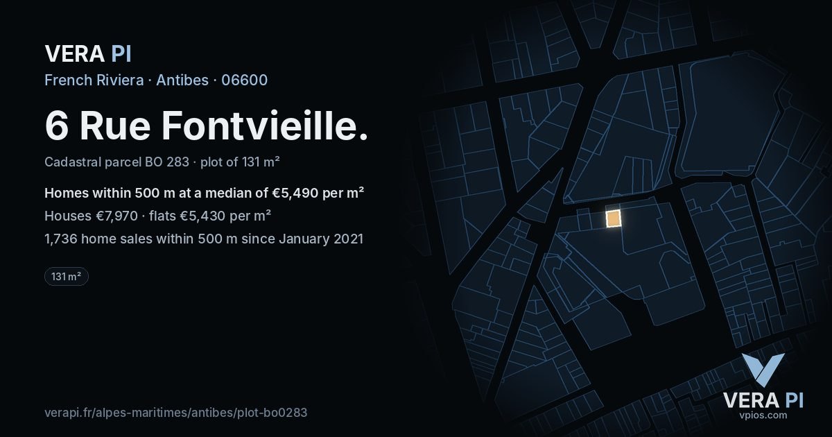 6 Rue Fontvieille, Antibes at night – the plot lit, the parcels around coloured by the prices near them