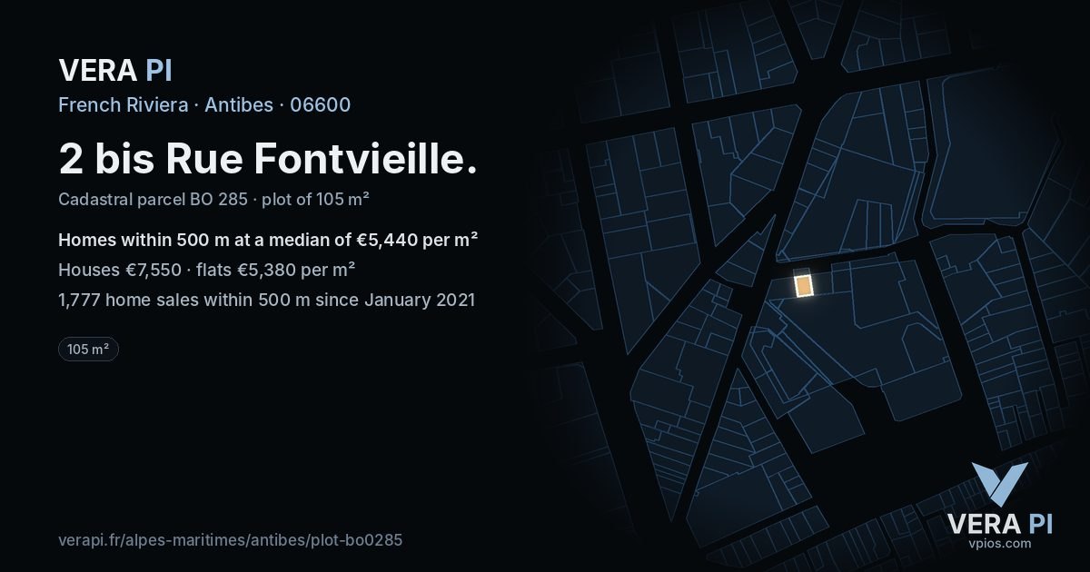 2 bis Rue Fontvieille, Antibes at night – the plot lit, the parcels around coloured by the prices near them