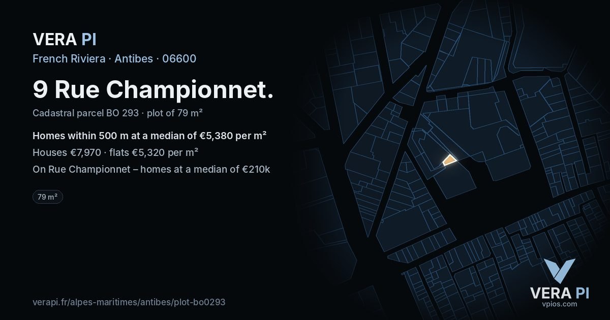 9 Rue Championnet, Antibes at night – the plot lit, the parcels around coloured by the prices near them