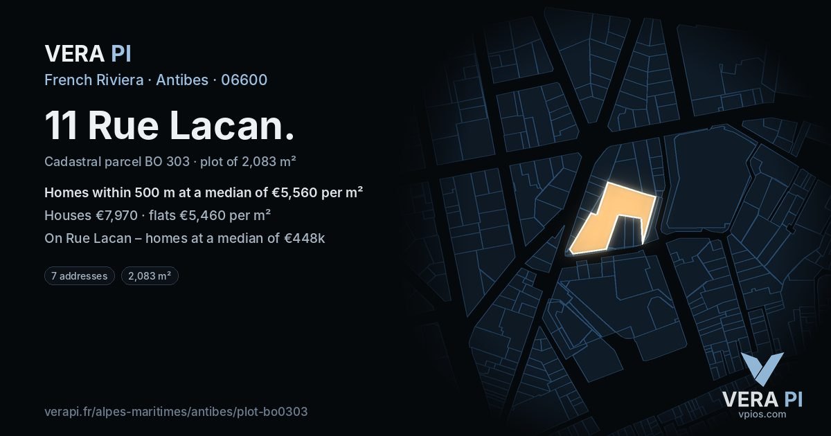11 Rue Lacan, Antibes at night – the plot lit, the parcels around coloured by the prices near them