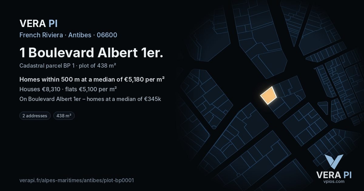 1 Boulevard Albert 1er, Antibes at night – the plot lit, the parcels around coloured by the prices near them