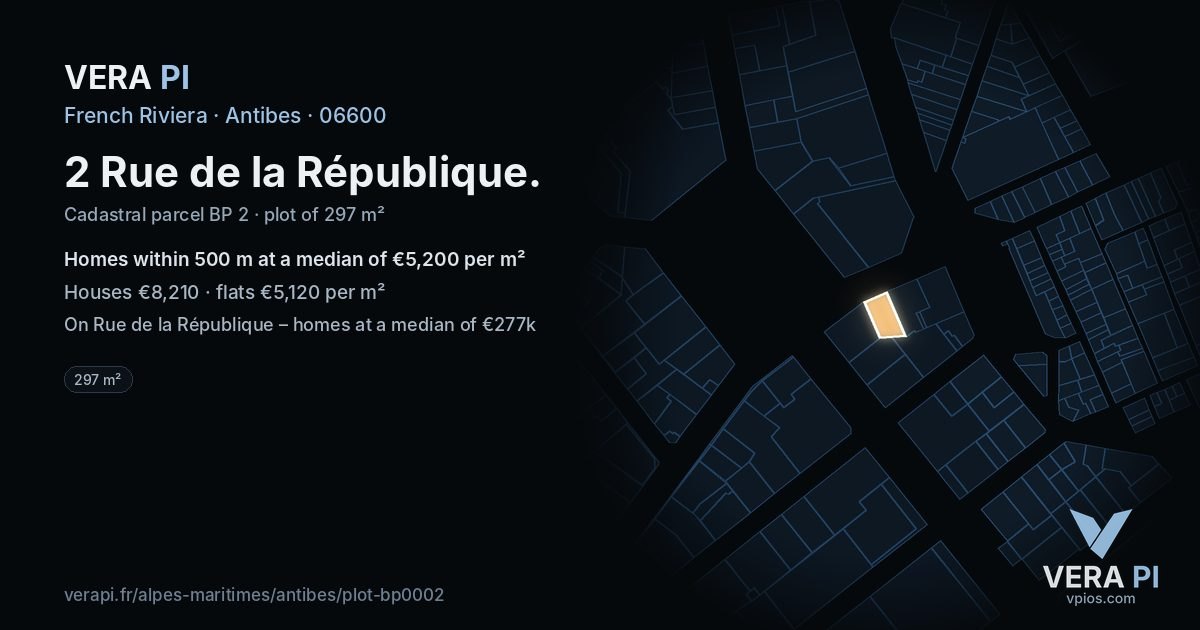 2 Rue de la République, Antibes at night – the plot lit, the parcels around coloured by the prices near them