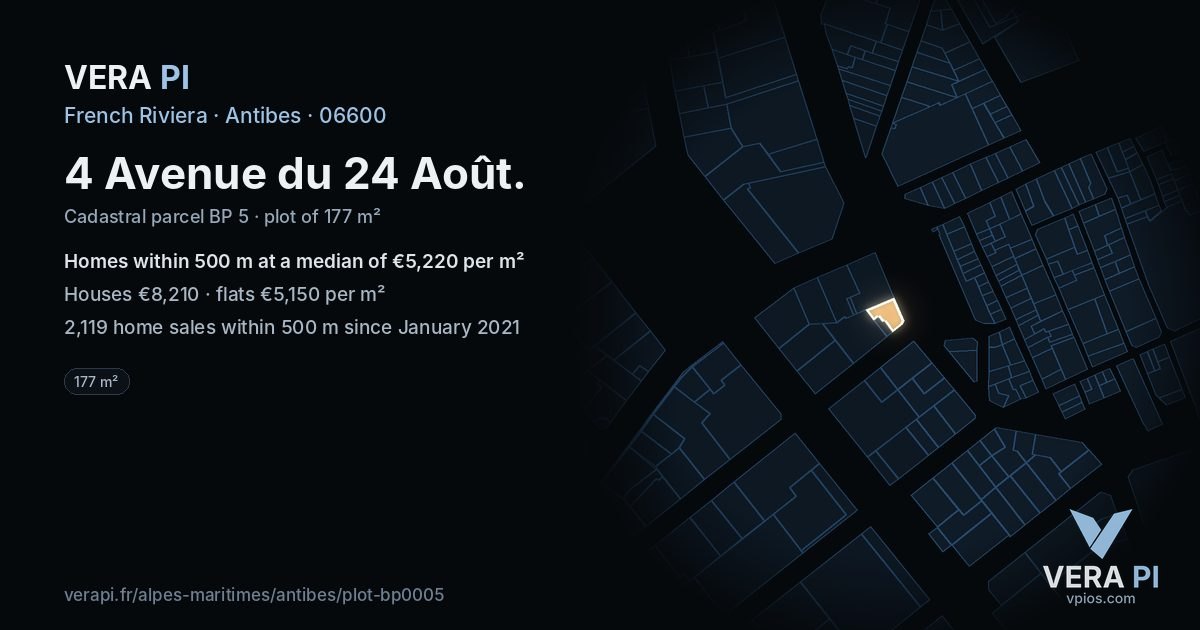 4 Avenue du 24 Août, Antibes at night – the plot lit, the parcels around coloured by the prices near them