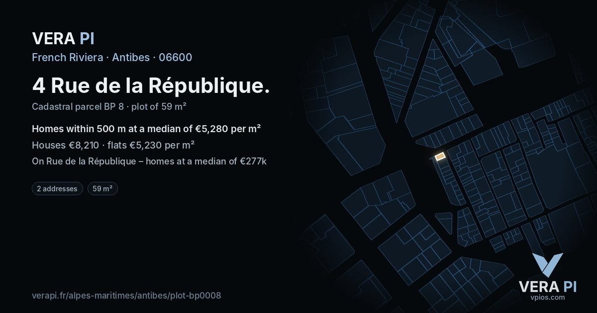 4 Rue de la République, Antibes at night – the plot lit, the parcels around coloured by the prices near them