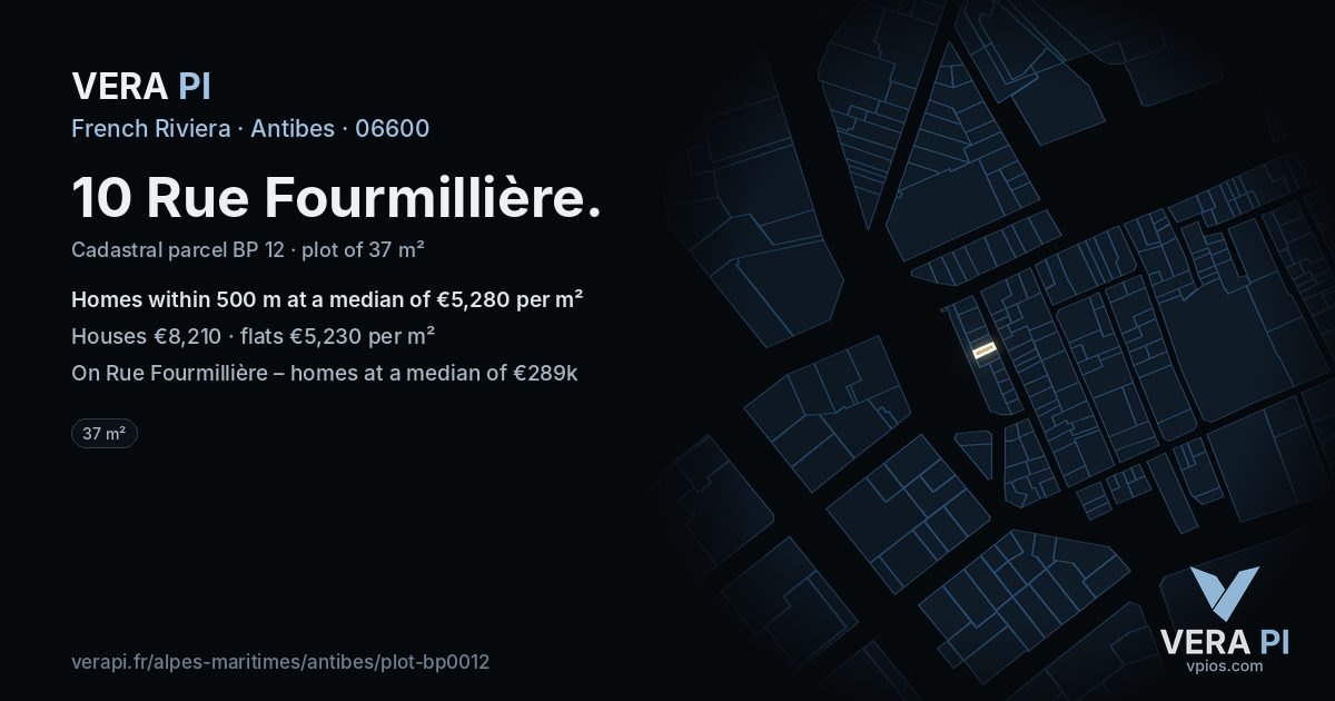 10 Rue Fourmillière, Antibes at night – the plot lit, the parcels around coloured by the prices near them