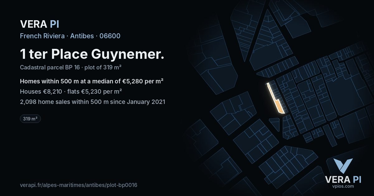 1 ter Place Guynemer, Antibes at night – the plot lit, the parcels around coloured by the prices near them