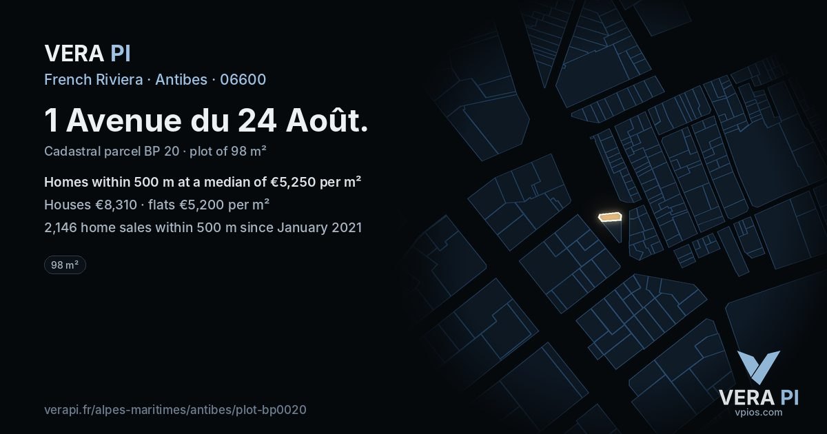 1 Avenue du 24 Août, Antibes at night – the plot lit, the parcels around coloured by the prices near them
