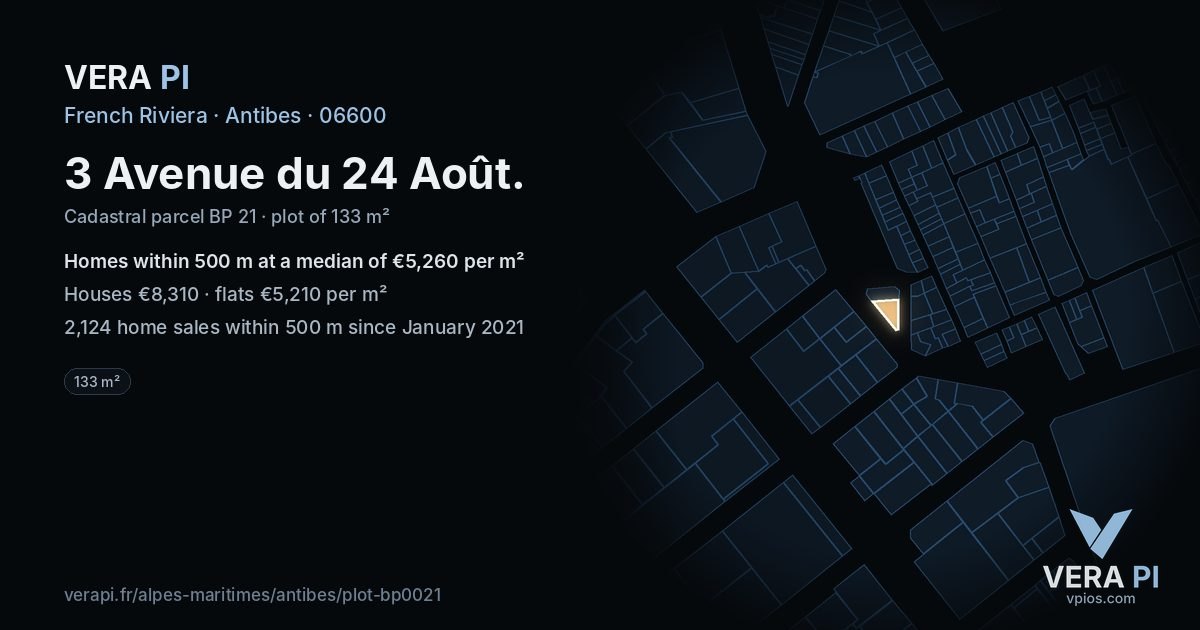 3 Avenue du 24 Août, Antibes at night – the plot lit, the parcels around coloured by the prices near them