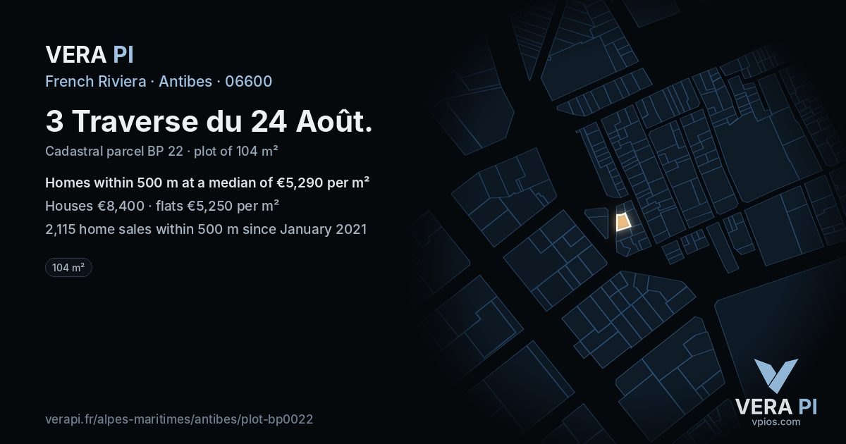 3 Traverse du 24 Août, Antibes at night – the plot lit, the parcels around coloured by the prices near them