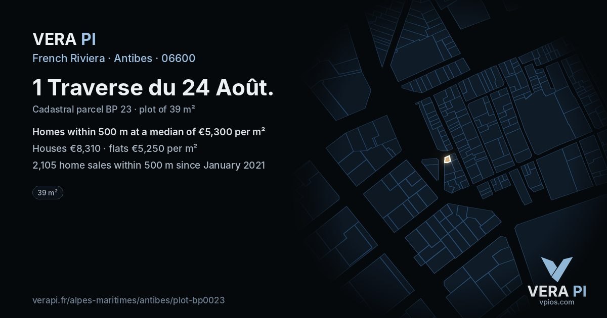 1 Traverse du 24 Août, Antibes at night – the plot lit, the parcels around coloured by the prices near them