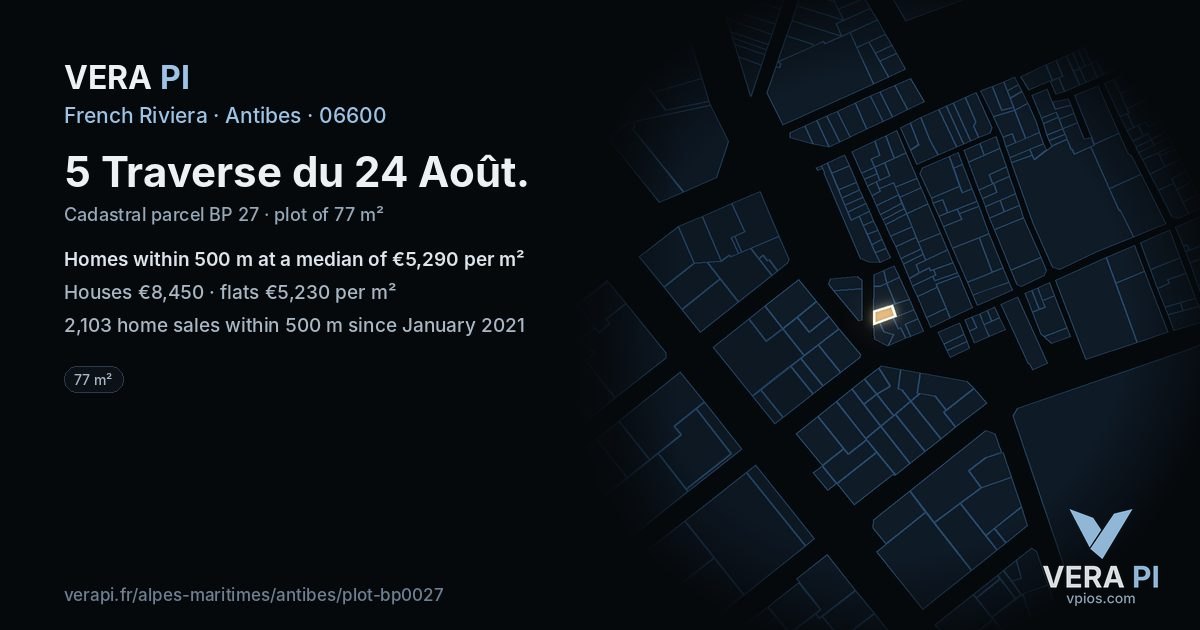 5 Traverse du 24 Août, Antibes at night – the plot lit, the parcels around coloured by the prices near them