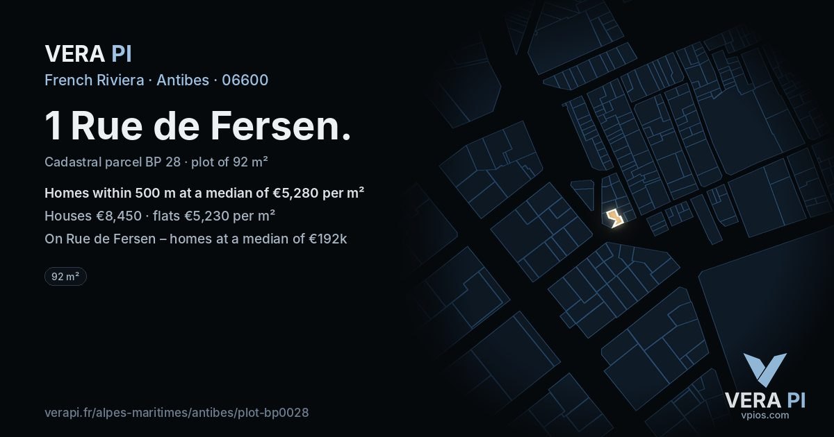 1 Rue de Fersen, Antibes at night – the plot lit, the parcels around coloured by the prices near them