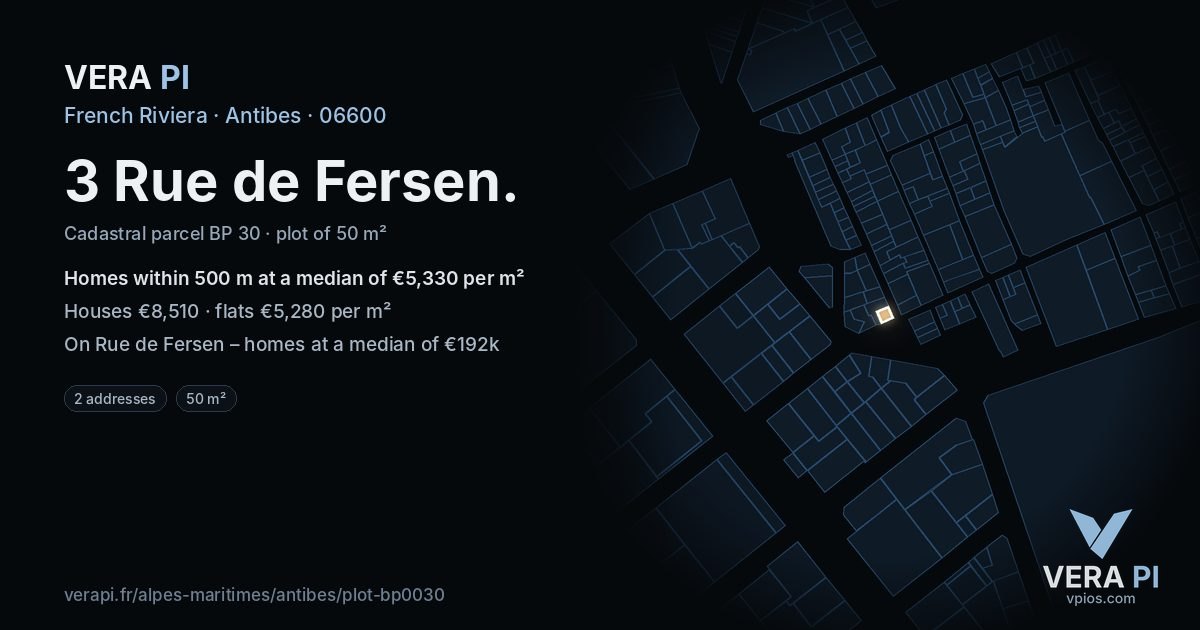3 Rue de Fersen, Antibes at night – the plot lit, the parcels around coloured by the prices near them