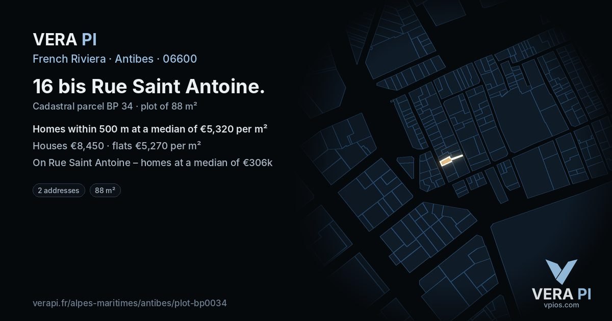 16 bis Rue Saint Antoine, Antibes at night – the plot lit, the parcels around coloured by the prices near them